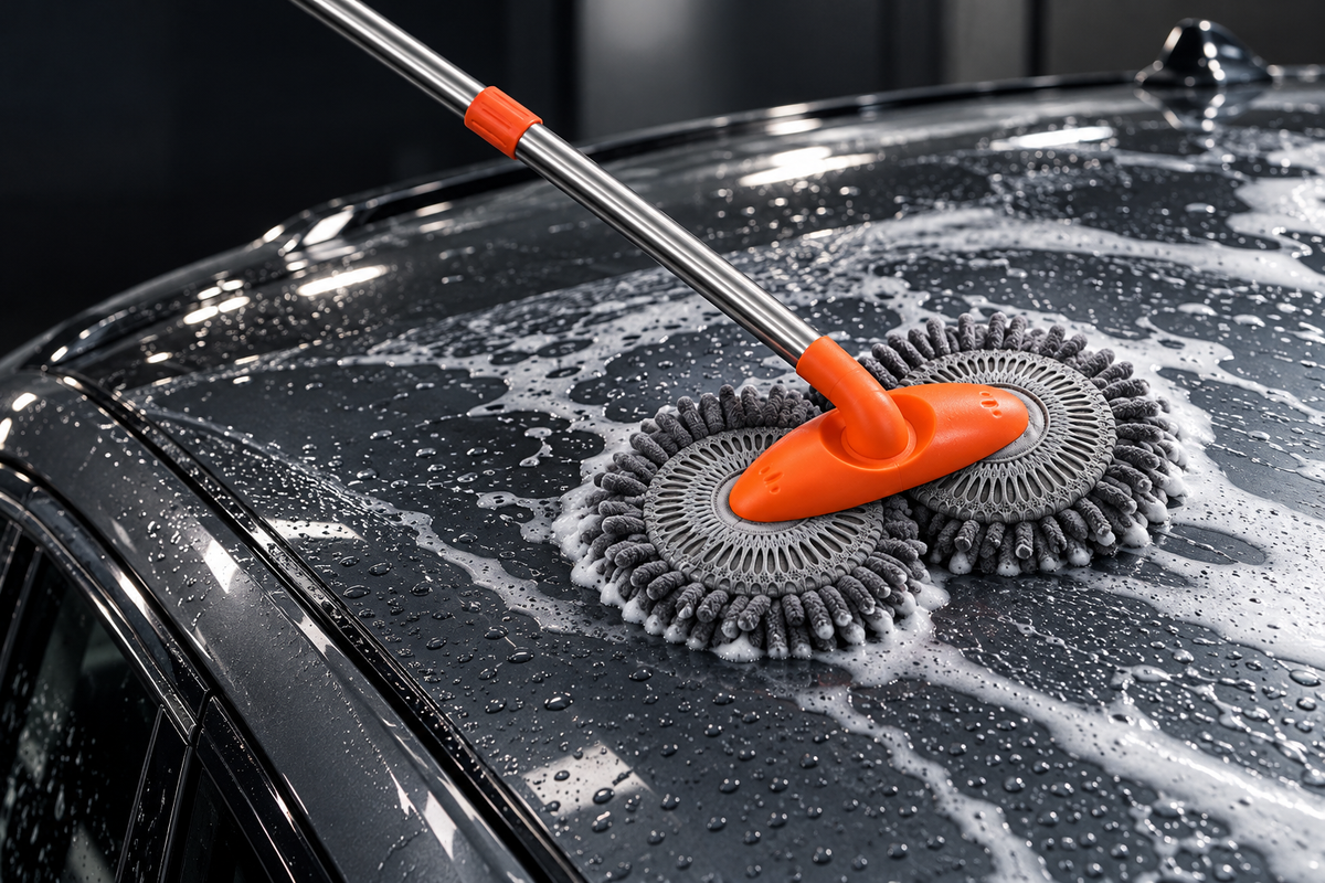 Brosse de lavage auto grise et orange sur un toit mouillé — mise en scène